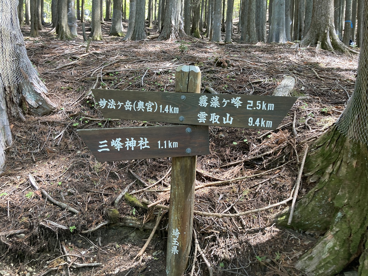 三峯神社の奥宮への登山道（二番目の鳥居そばの道案内表示）