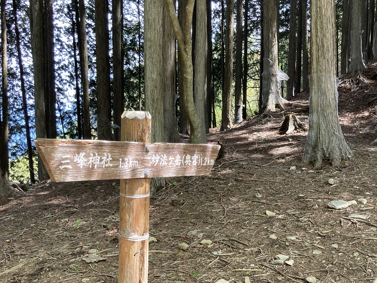三峯神社の奥宮への登山道（休憩所1のそばにある道案内表示）